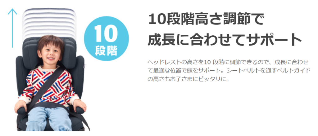 ジュニアプラスネクストのヘッドレスト10段階調整