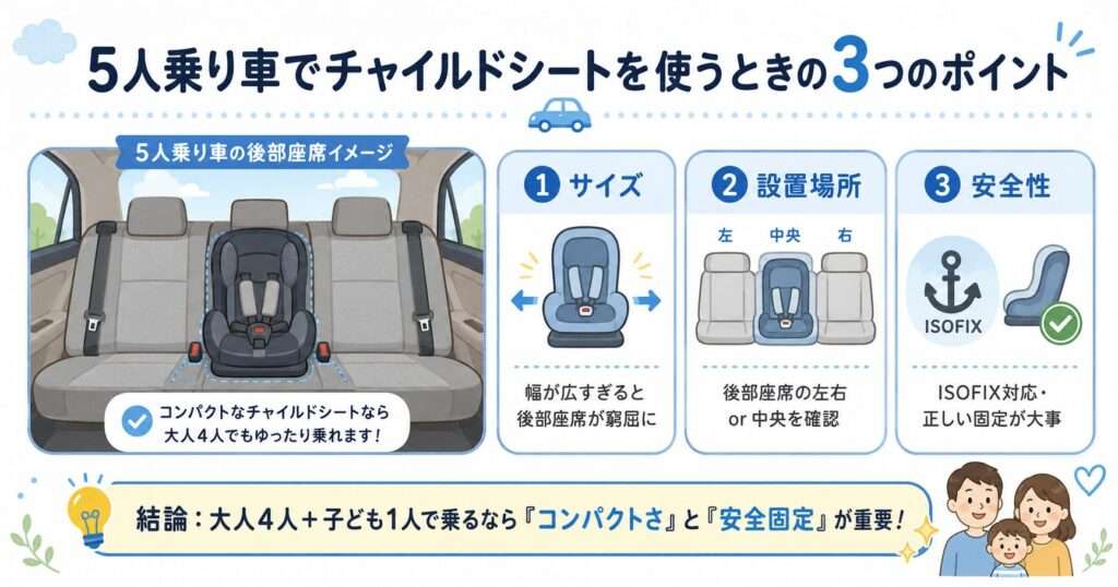 5人乗り車で大人4人快適に乗れる、チャイルドシート設置のポイント