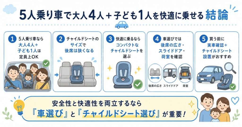 まとめ｜チャイルドシートをつけて5人乗りって可能？大人4人だと狭い？