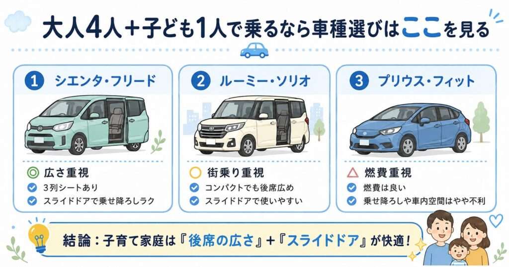 大人4人と子どもでも快適、5人乗りの車選びポイント