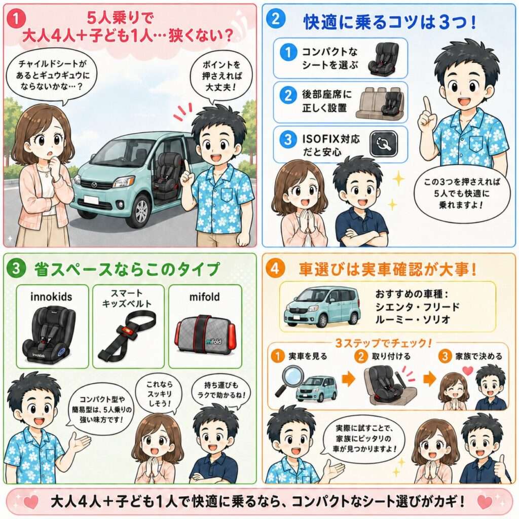 【実体験】チャイルドシートをつけて5人乗りって可能？大人4人子供1人だと狭い？を徹底解説4コマ漫画