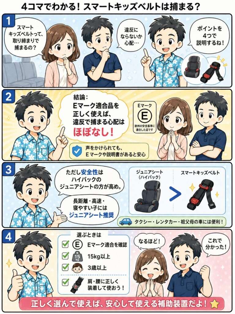 スマートキッズベルトは違反？取り締まり・捕まる事例と合法範囲の4コマ漫画