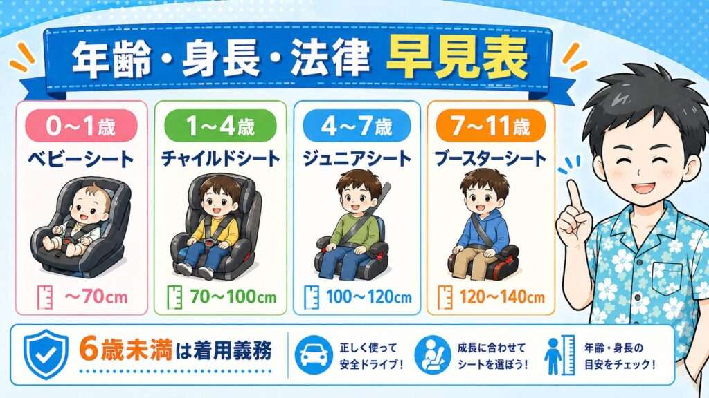ブースターシートの年齢・身長・法律早見表